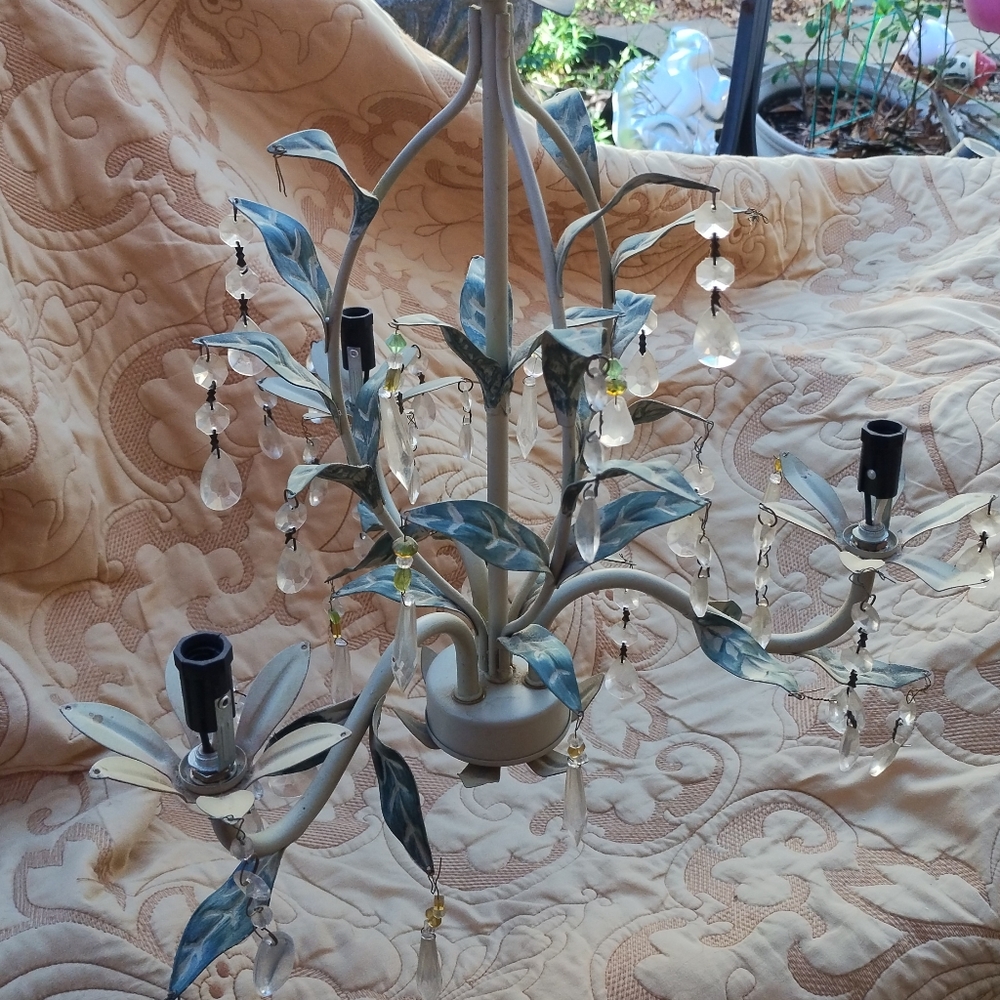 Vintage Italian Tole Style Floral Chandelier  Cream Green Gold Crystals